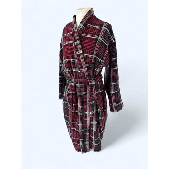 Men's Plush Terry Cloth Robe Majestic International One Size Red Plaid Luxurious - Picture 6 of 8